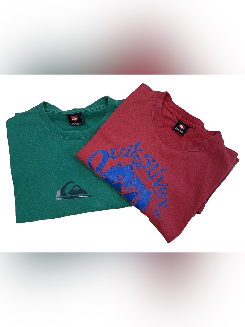 Lot of 2 Y2K Quiksilver T-shirts Size Large Green Red Surf Beach Cali Skate